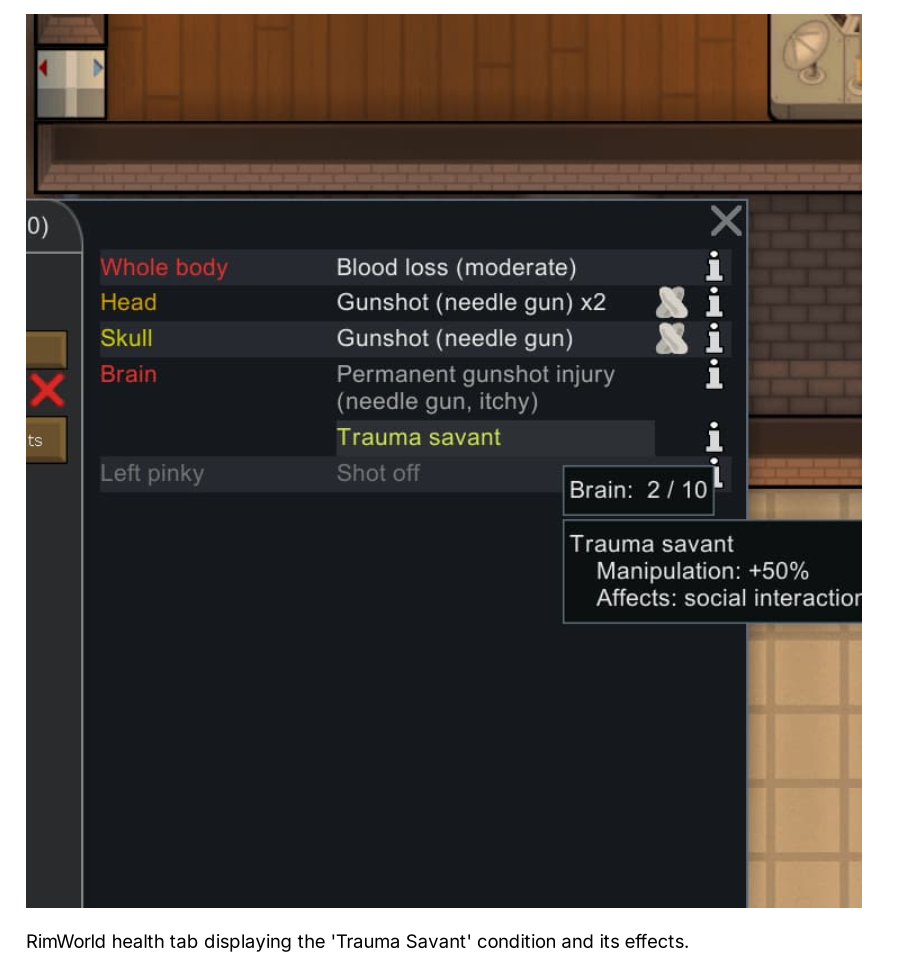 RimWorld health tab displaying the 'Trauma Savant' condition and its effects