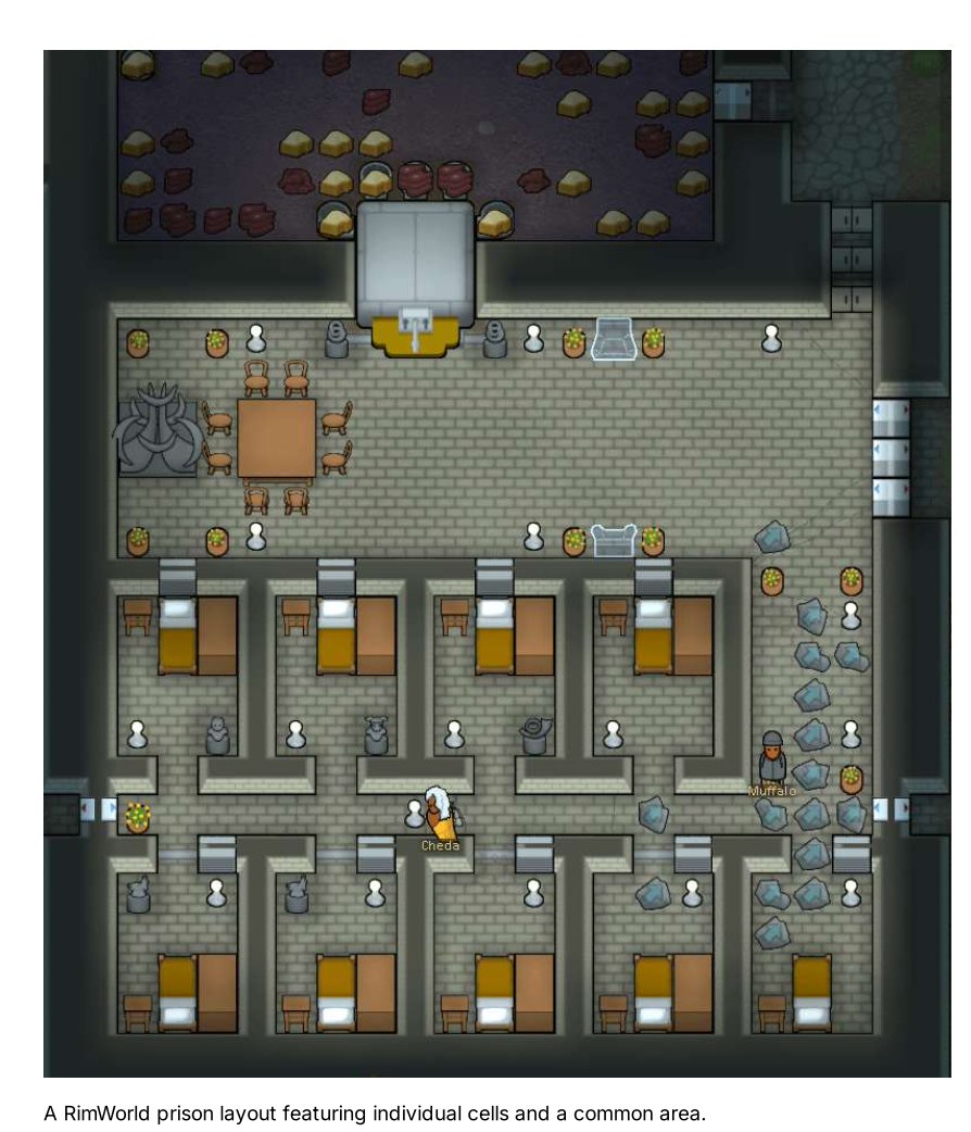 A RimWorld prison layout featuring individual cells and a common area