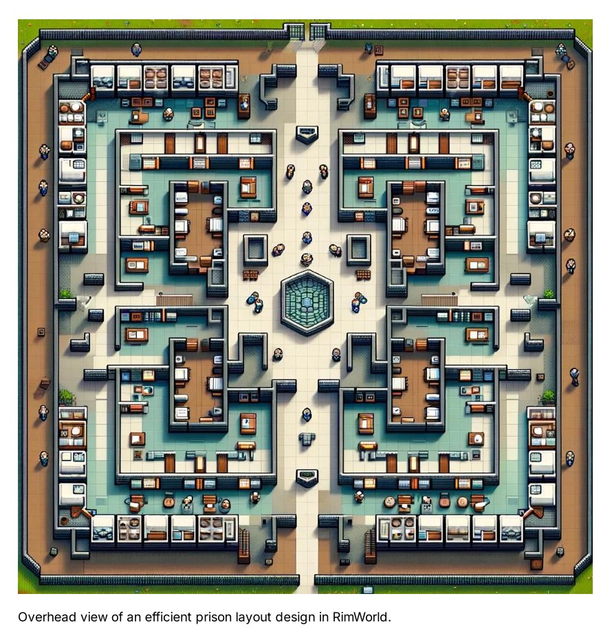 Overhead view of an efficient prison layout design in RimWorld