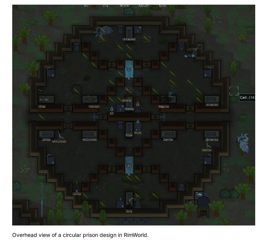 Overhead view of a circular prison design in RimWorld