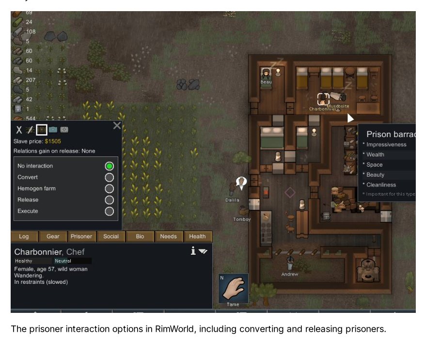 The prisoner interaction options in RimWorld, including converting and releasing prisoners
