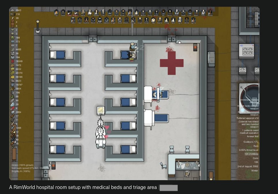 A RimWorld hospital room setup with medical beds and triage area