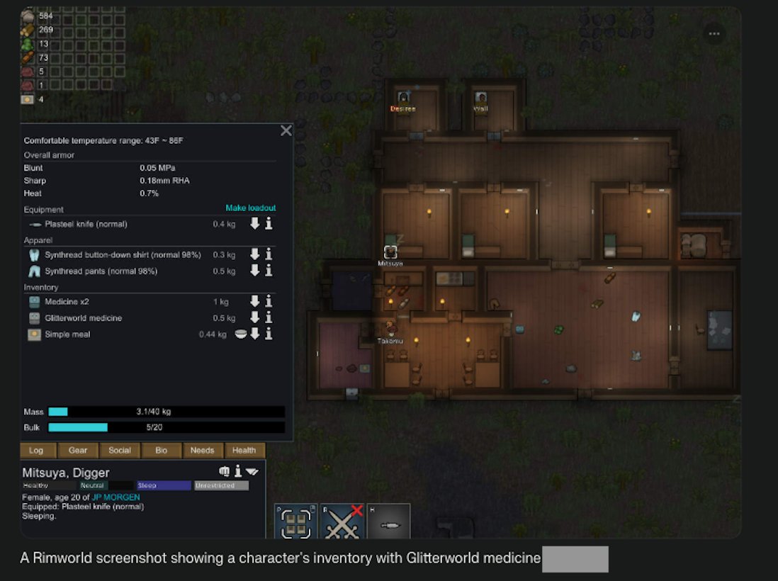 A Rimworld screenshot showing a character's inventory with Glitterworld medicine