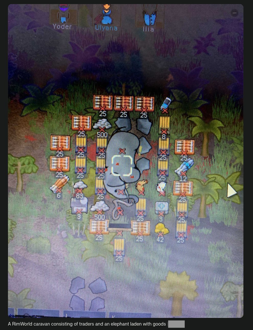 A RimWorld caravan consisting of traders and an elephant laden with goods