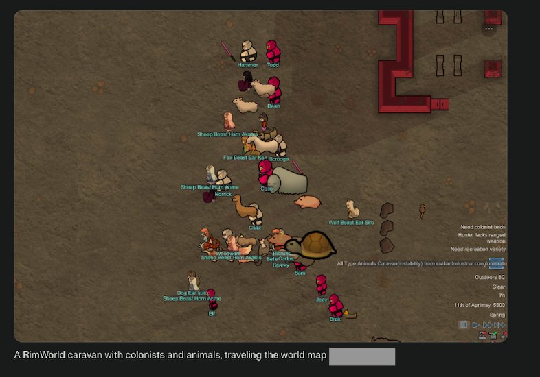 A RimWorld caravan with colonists and animals, traveling the world map