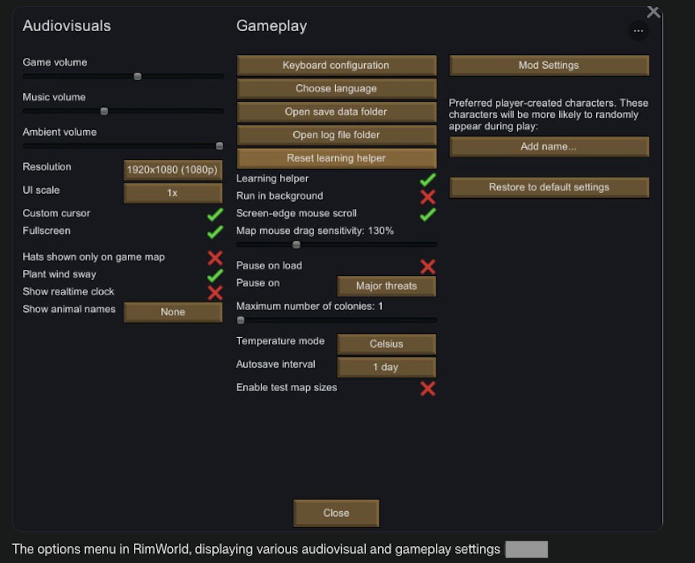 The options menu in RimWorld, displaying various audiovisual and gameplay settings