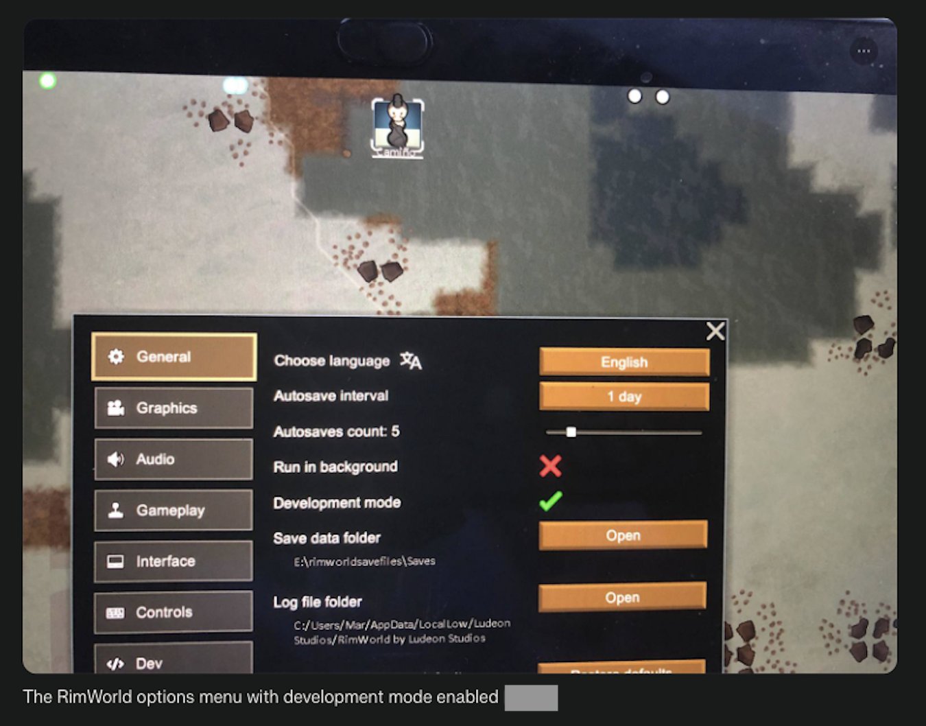 The RimWorld options menu with development mode enabled