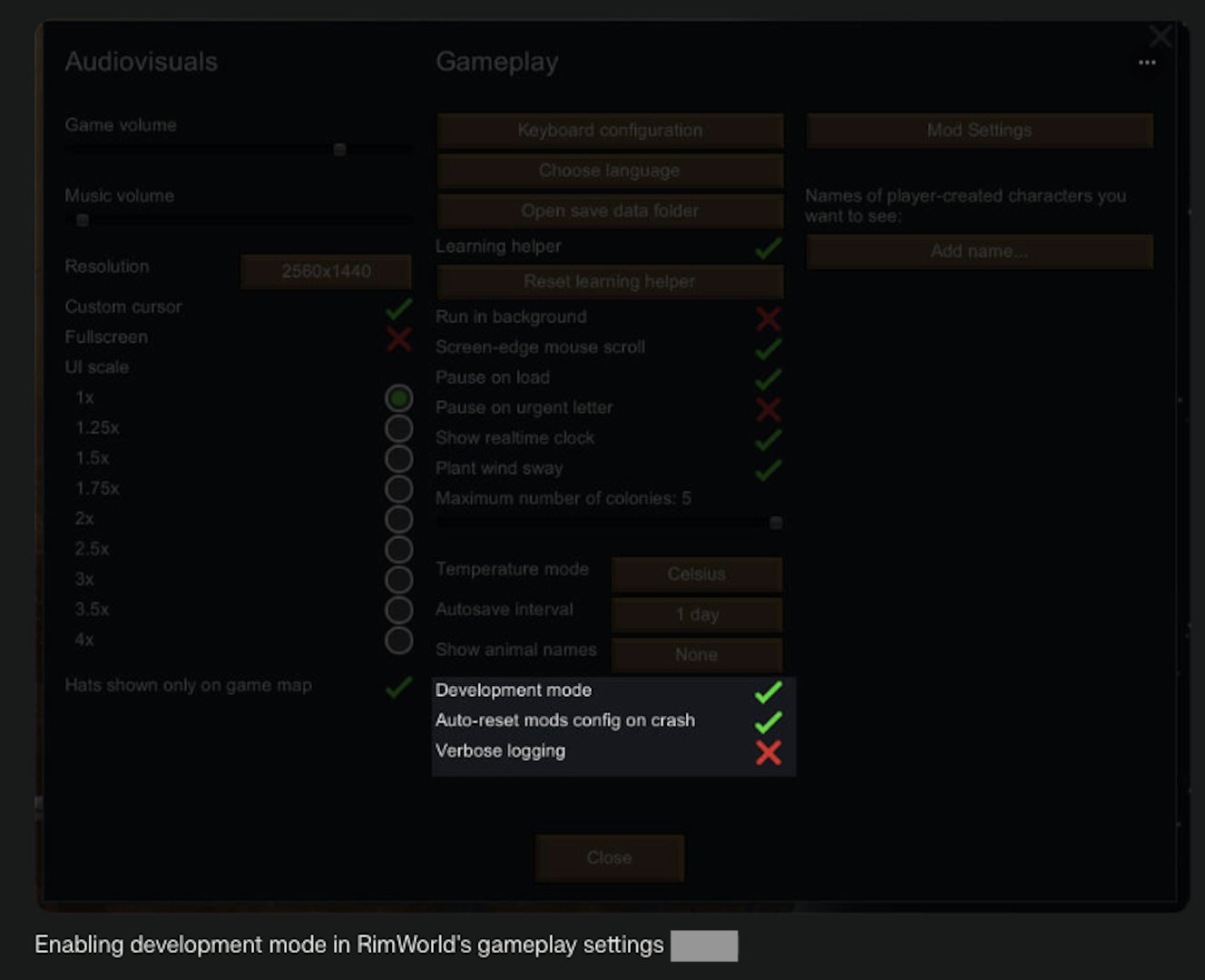Enabling development mode in RimWorld's gameplay settings