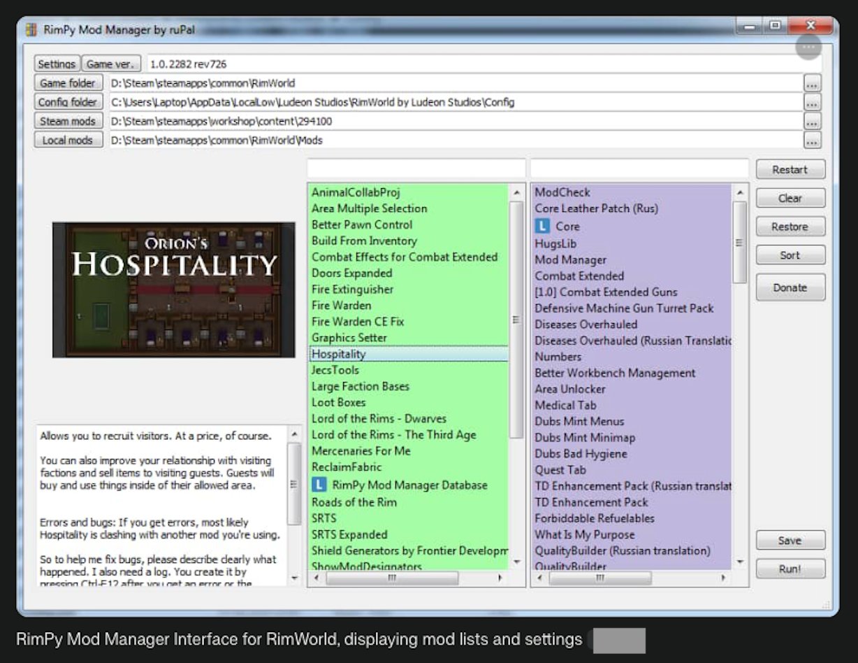 RimPy Mod Manager Interface for RimWorld, displaying mod lists and settings