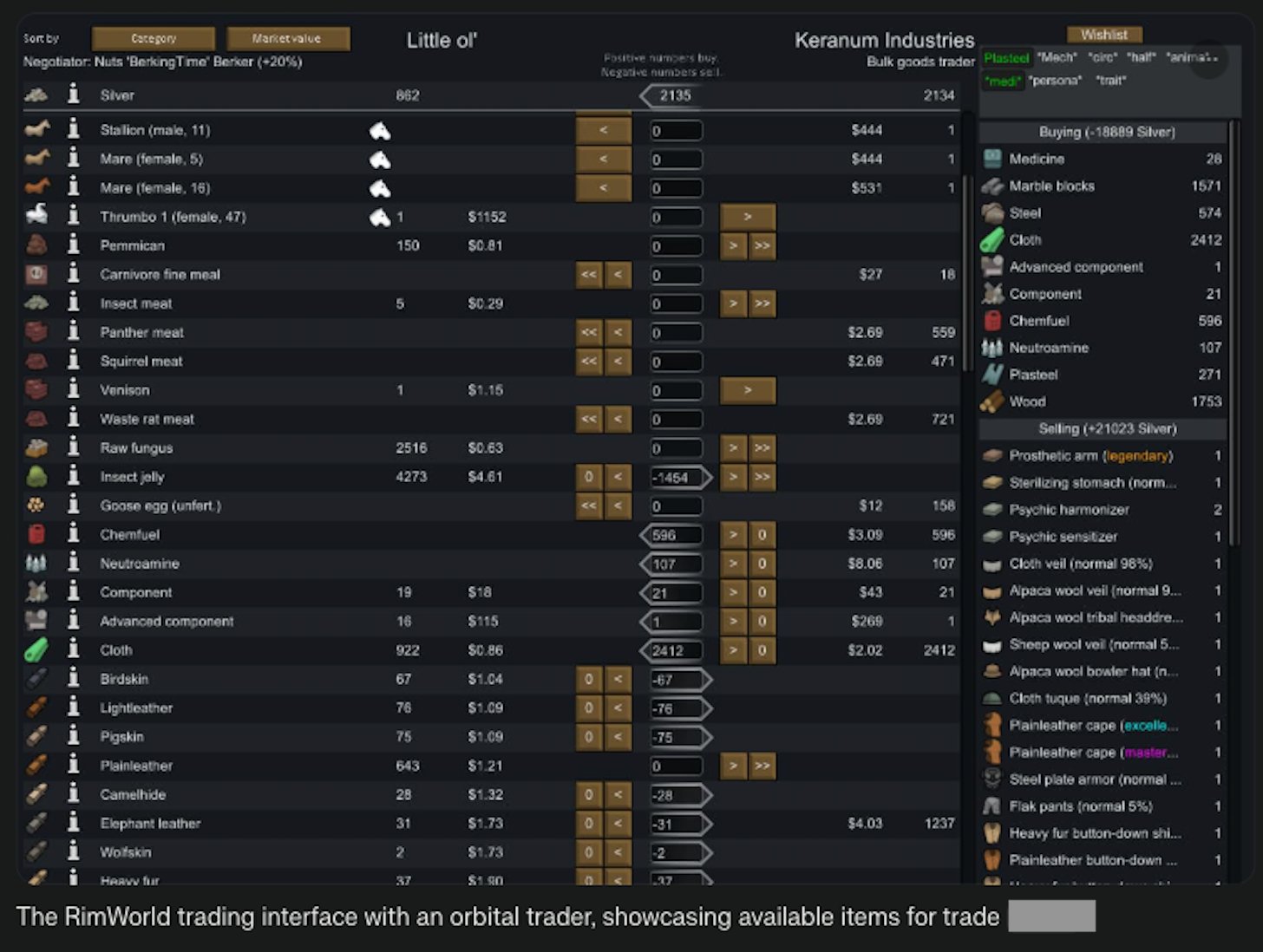The RimWorld trading interface with an orbital trader, showcasing available items for trade