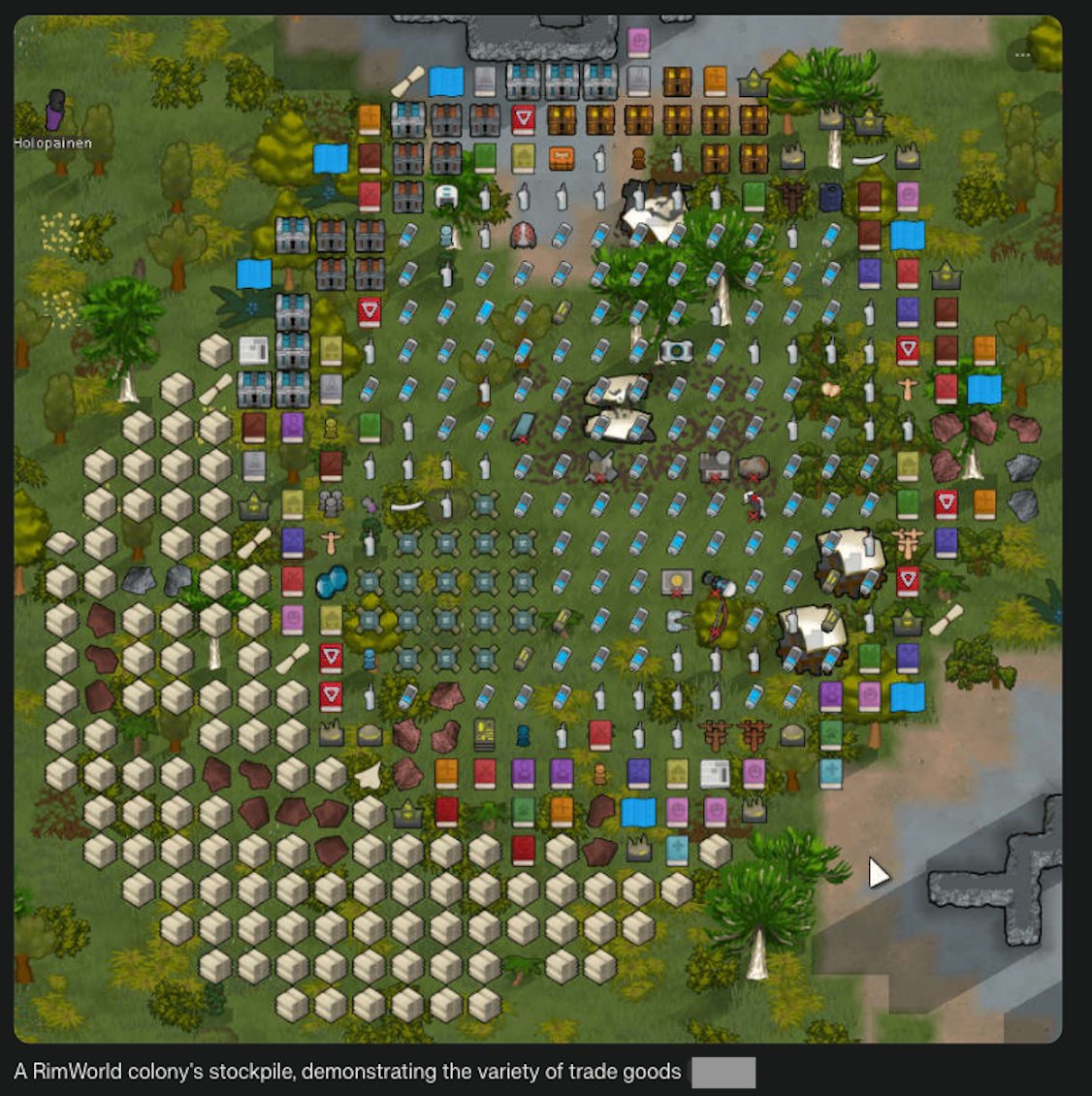 A RimWorld colony's stockpile, demonstrating the variety of trade goods