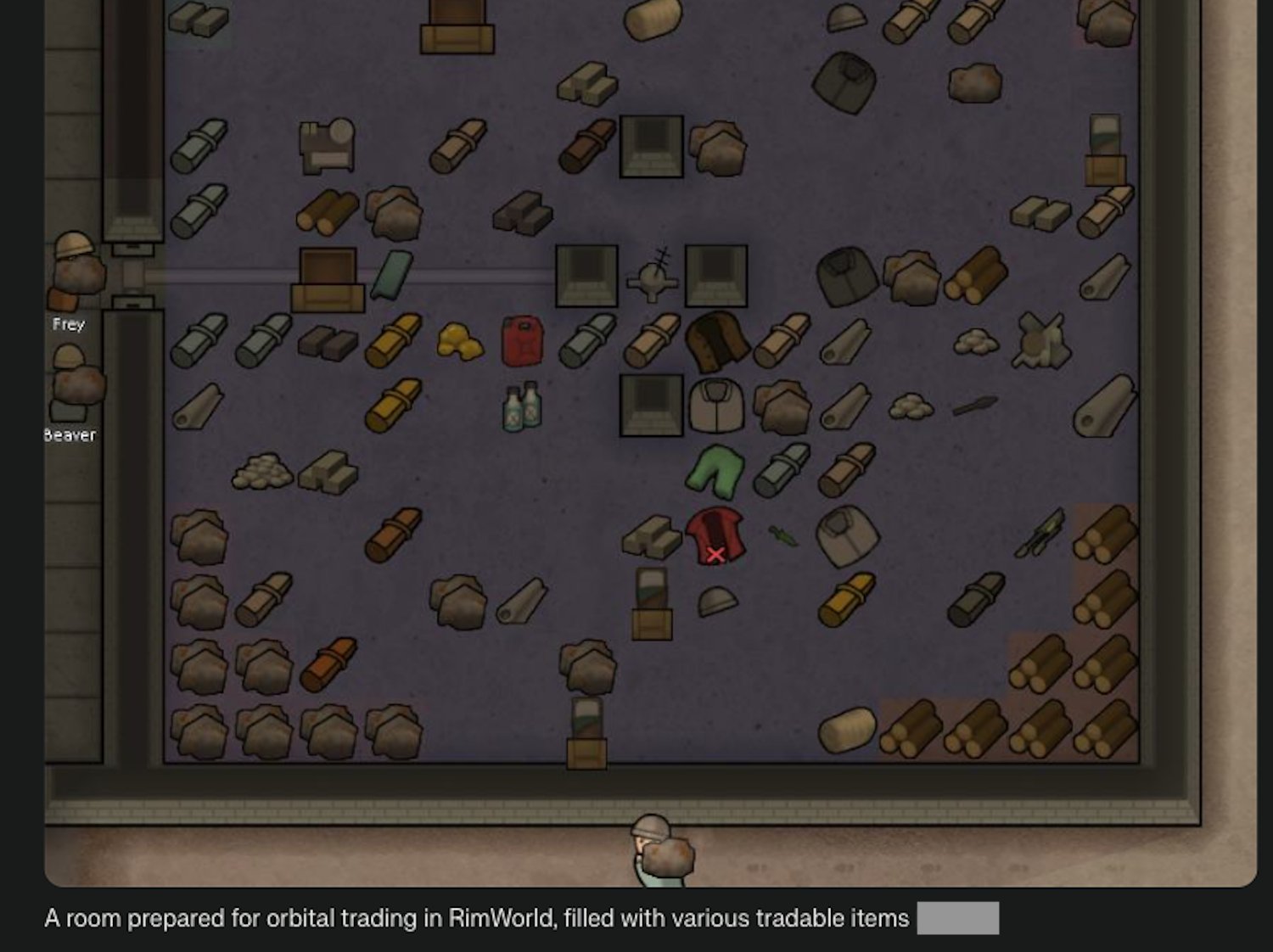 A room prepared for orbital trading in RimWorld, filled with various tradable items