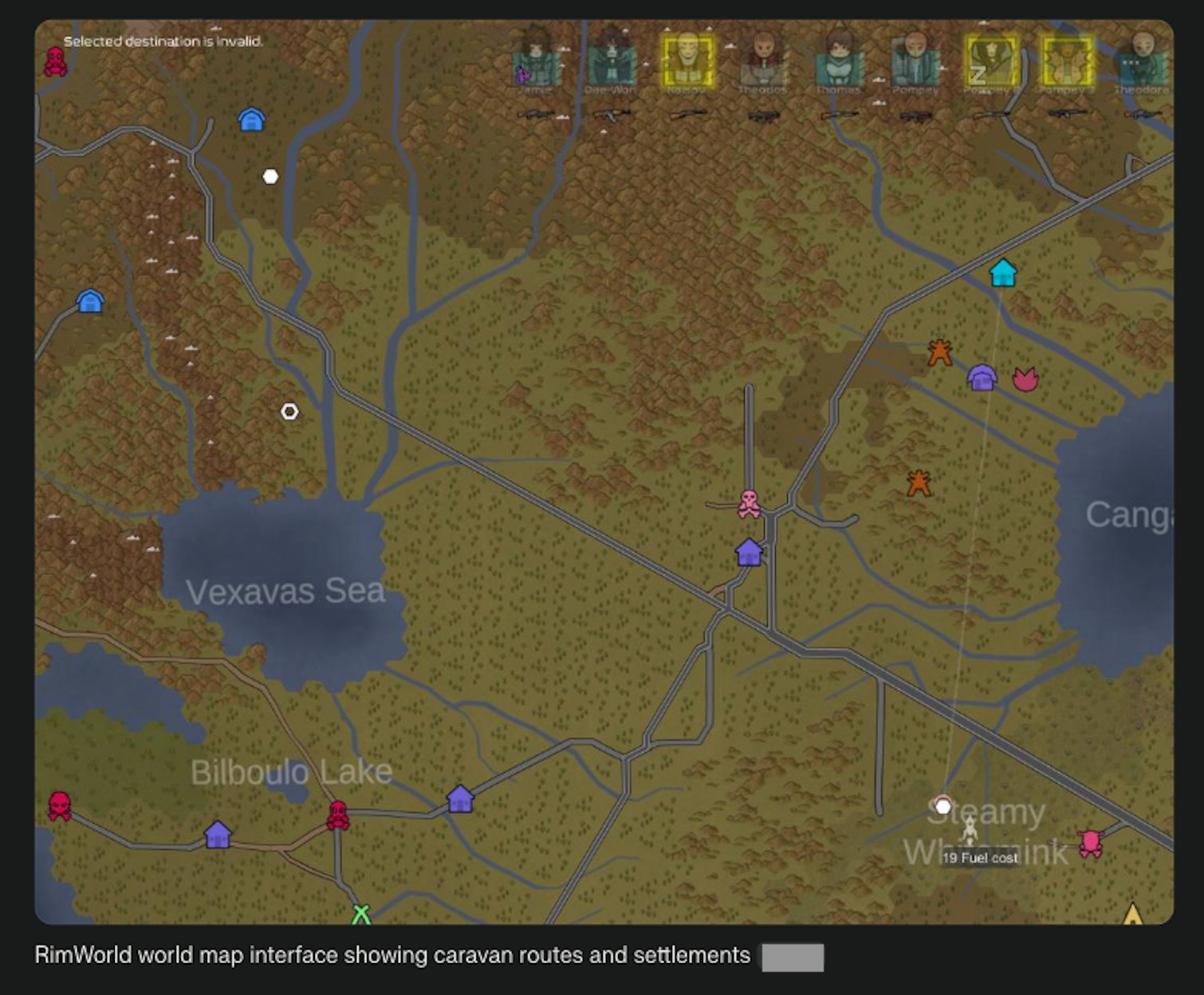 RimWorld world map interface showing caravan routes and settlements