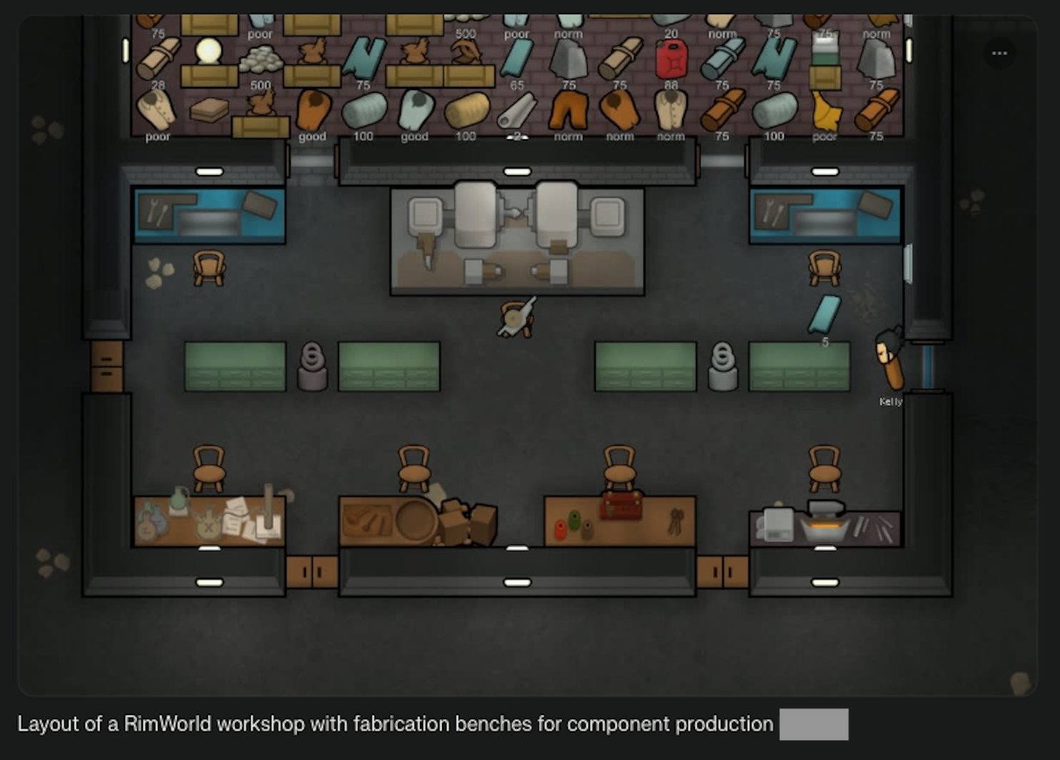 Layout of a RimWorld workshop with fabrication benches for component production