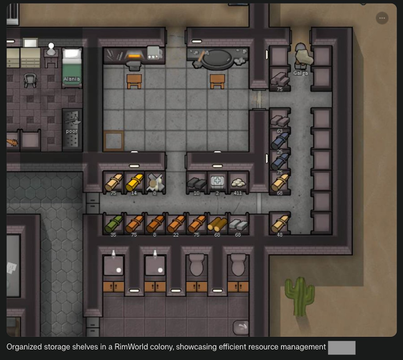 Organized storage shelves in a RimWorld colony, showcasing efficient resource management
