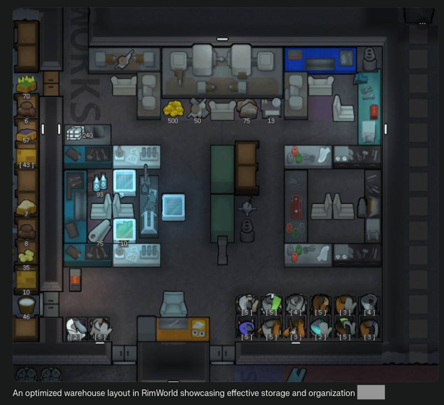 An optimized warehouse layout in RimWorld showcasing effective storage and organization