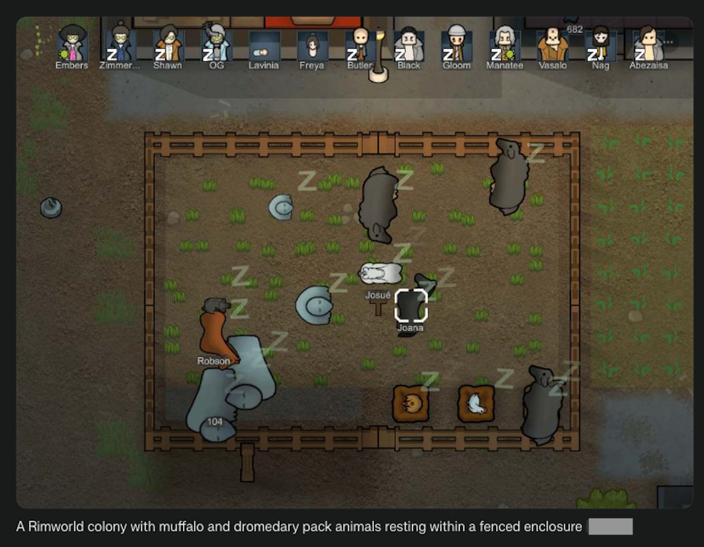 A Rimworld colony with muffalo and dromedary pack animals resting within a fenced enclosure
