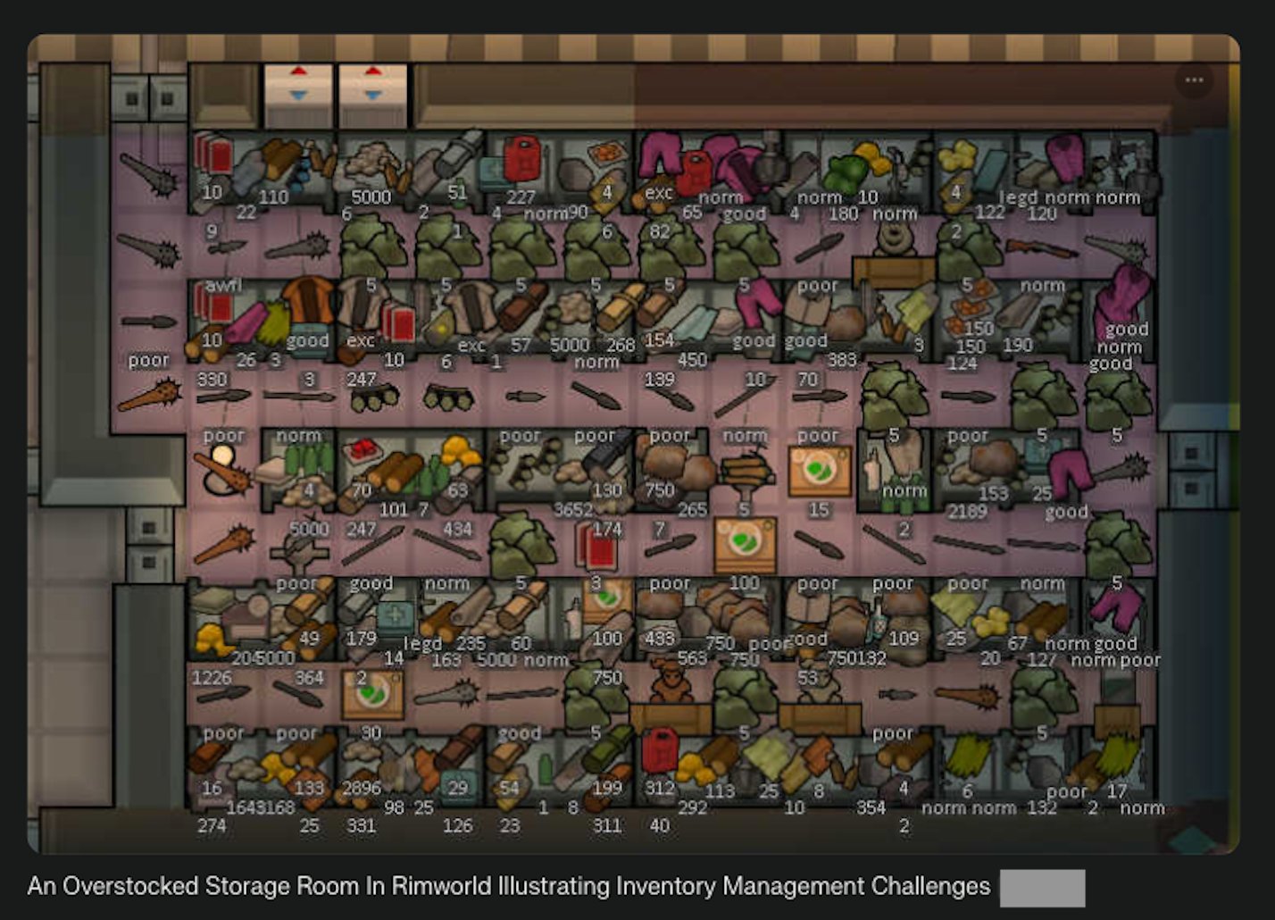 An Overstocked Storage Room In Rimworld Illustrating Inventory Management Challenges