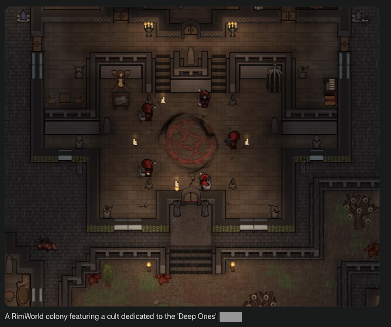 A RimWorld colony featuring a cult dedicated to the 'Deep Ones'