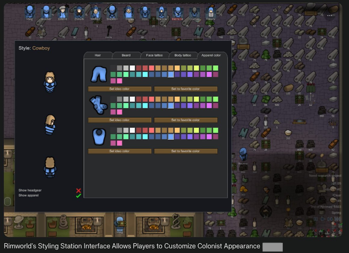 Rimworld's Styling Station Interface Allows Players to Customize Colonist Appearance