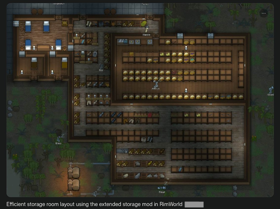Efficient storage room layout using the extended storage mod in RimWorld