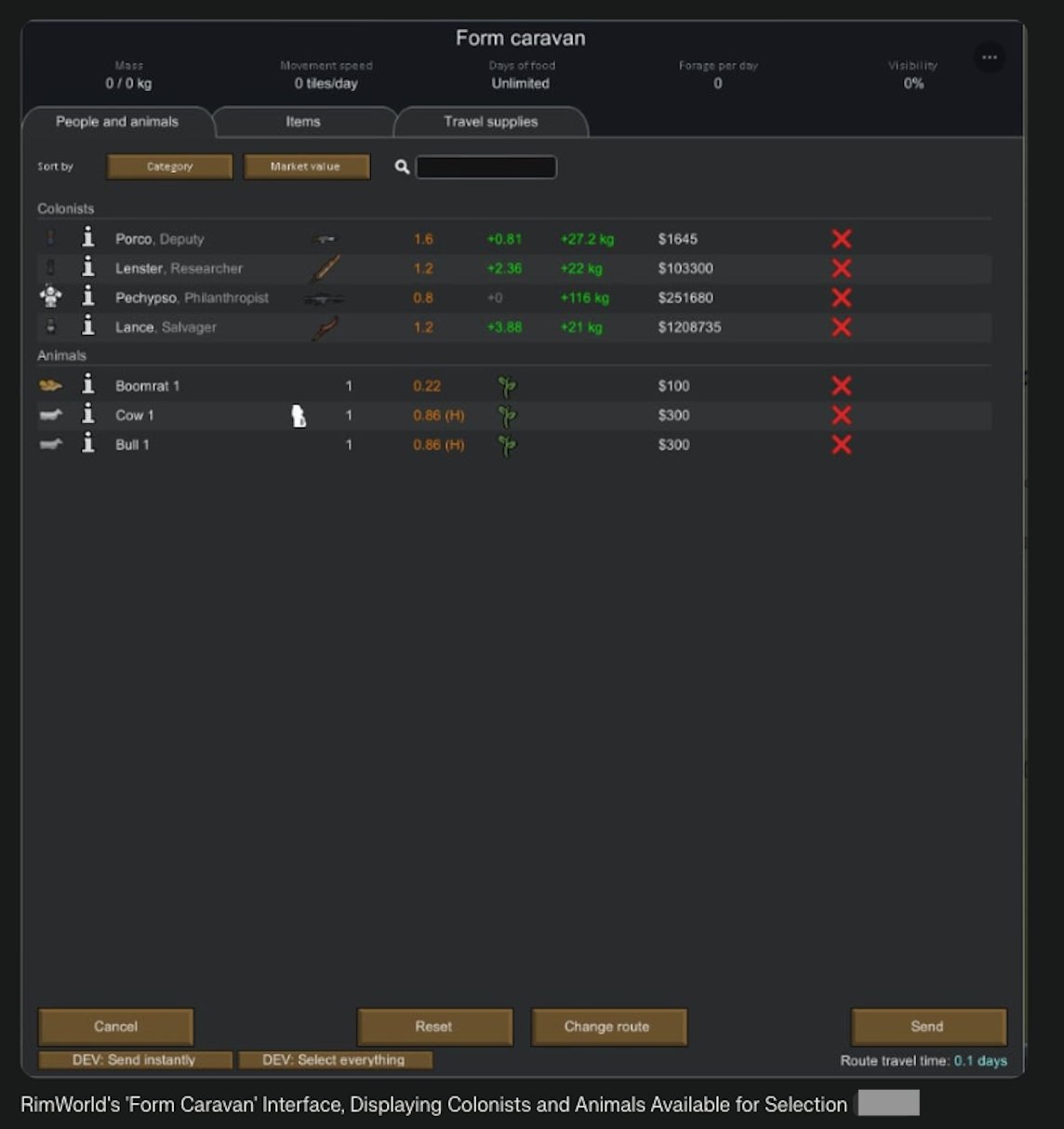 RimWorld's 'Form Caravan' Interface, Displaying Colonists and Animals Available for Selection