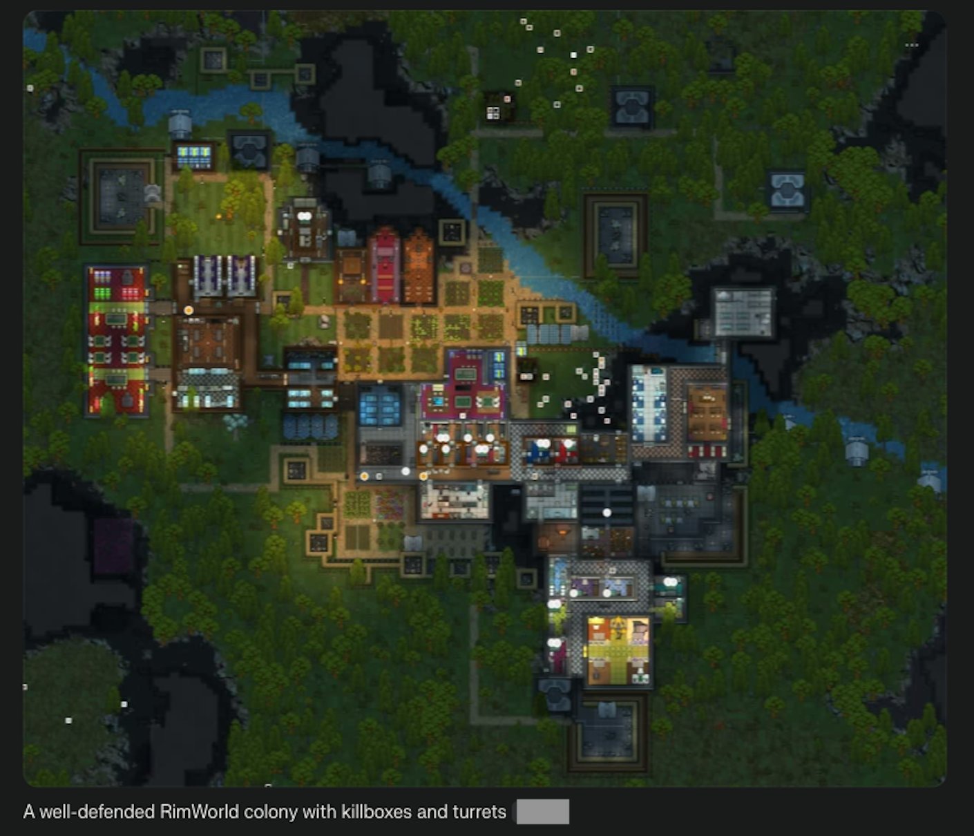 A well-defended RimWorld colony with killboxes and turrets
