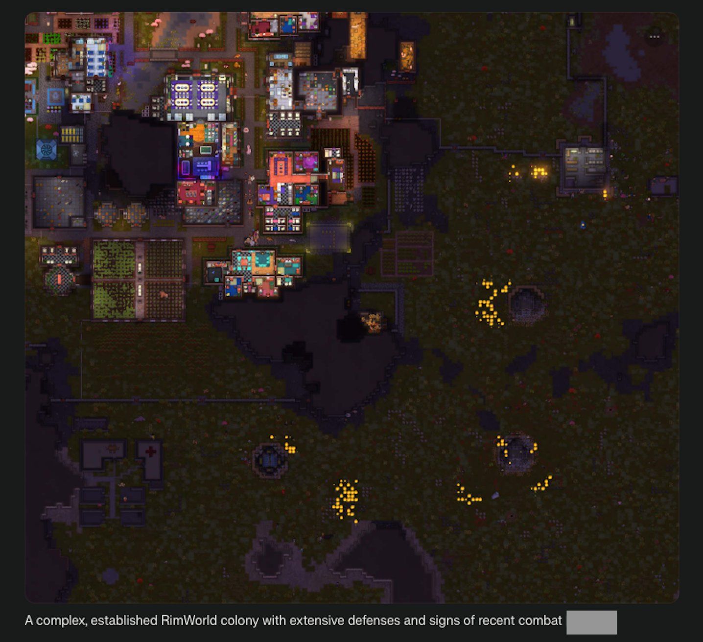 A complex, established RimWorld colony with extensive defenses and signs of recent combat