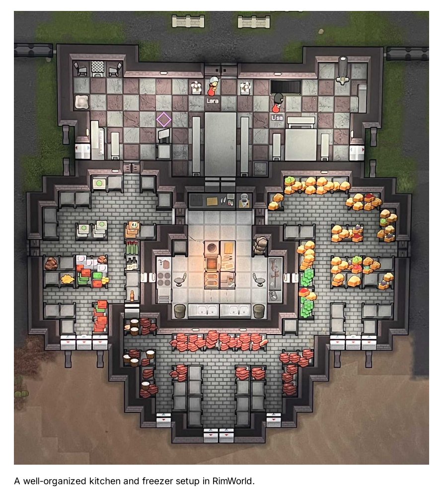 A well-organized kitchen and freezer setup in RimWorld