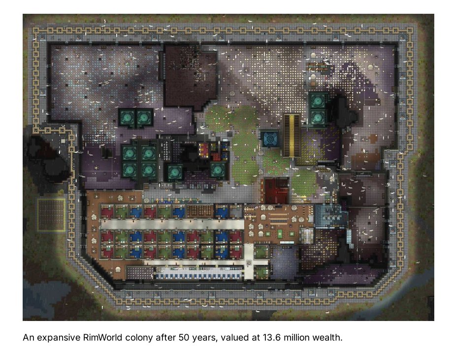 An expansive RimWorld colony after 50 years, valued at 13.6 million wealth