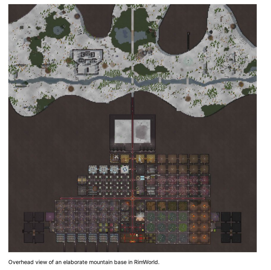 Overhead view of an elaborate mountain base in RimWorld
