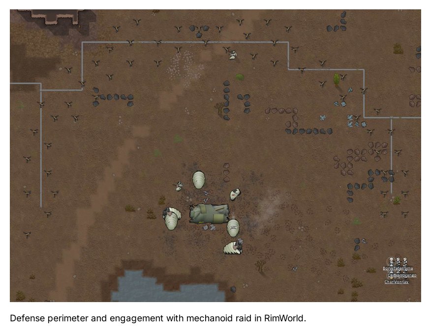 Defense perimeter and engagement with mechanoid raid in RimWorld