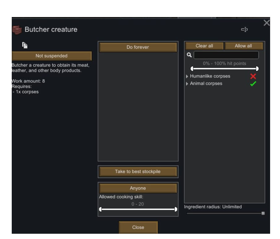 RimWorld butcher table in-game screenshot showing proper setup and usage