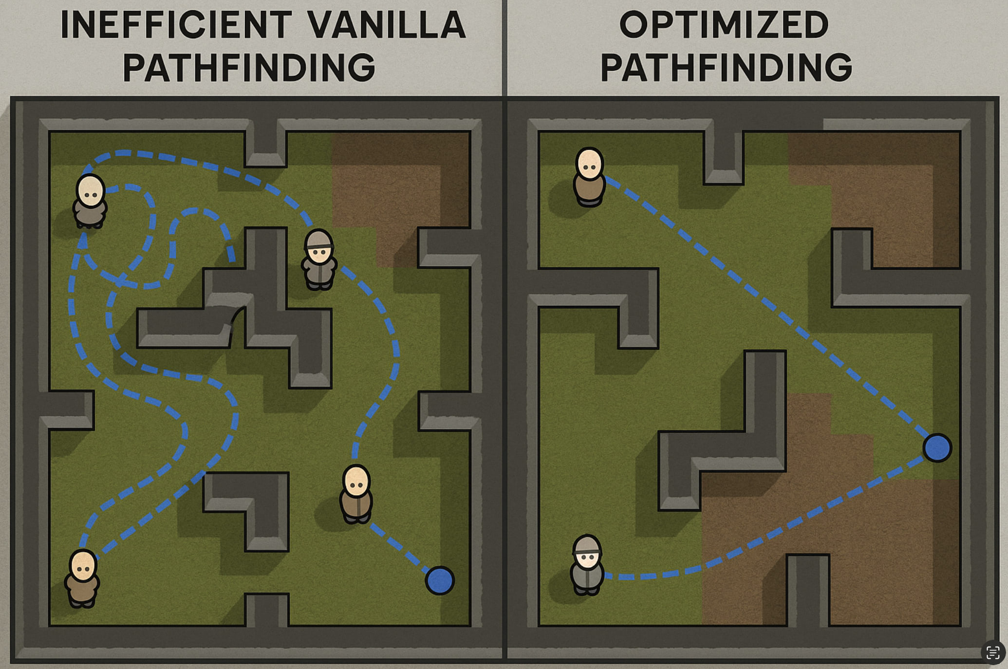 RimWorld colony showing effective pathfinding management techniques